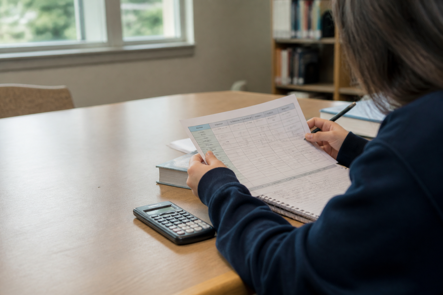 Student reviewing a course-planning worksheet at a library table
